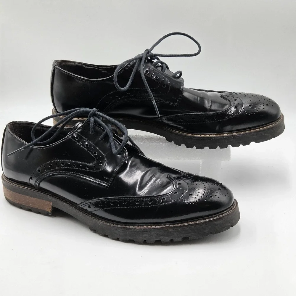 Dress Shoes Mens Size 10 Black Leather Brogue Wingtip Oxford Lug Sole Dress